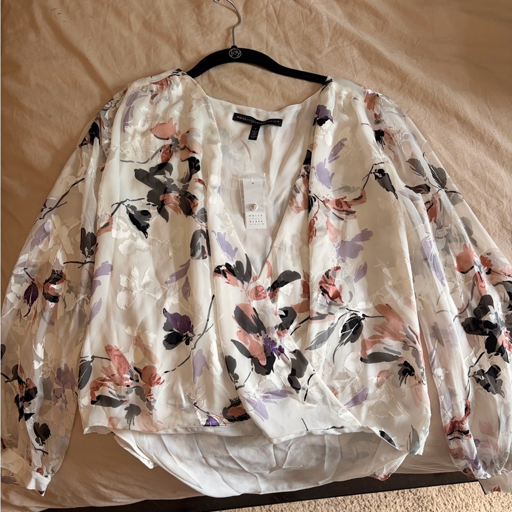 White House Black Market White Floral Wrap Blouse with Pink & Lavender Accents